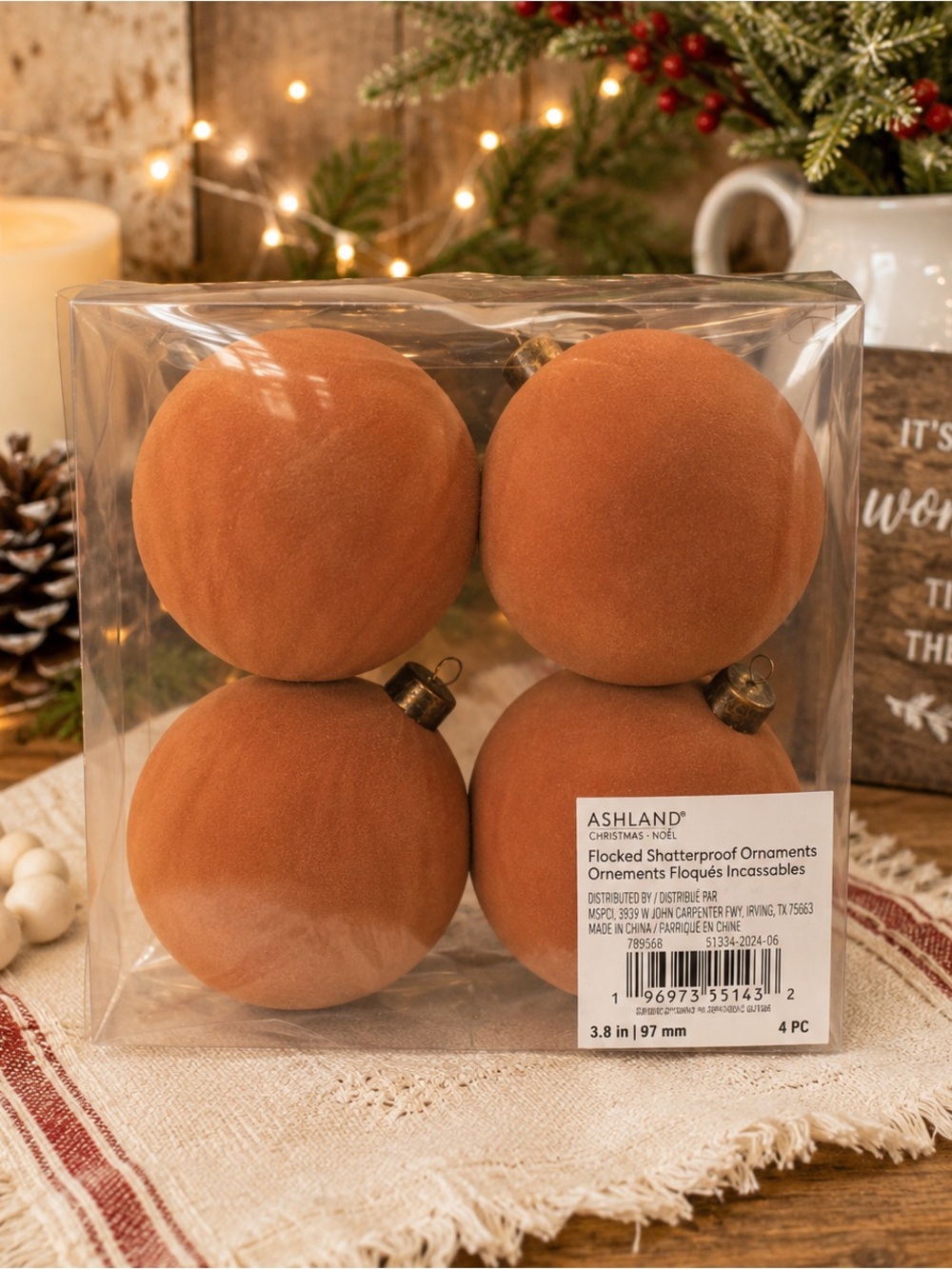 Ashland Flocked Round Ornaments in Rust
